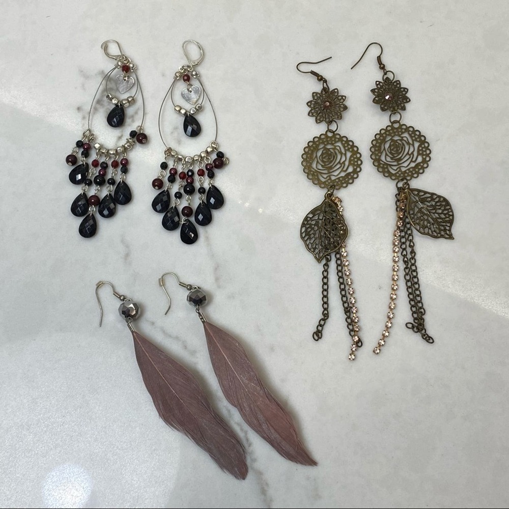 Lot of 3 Long Dangle Boho Gypsy Feather Earrings